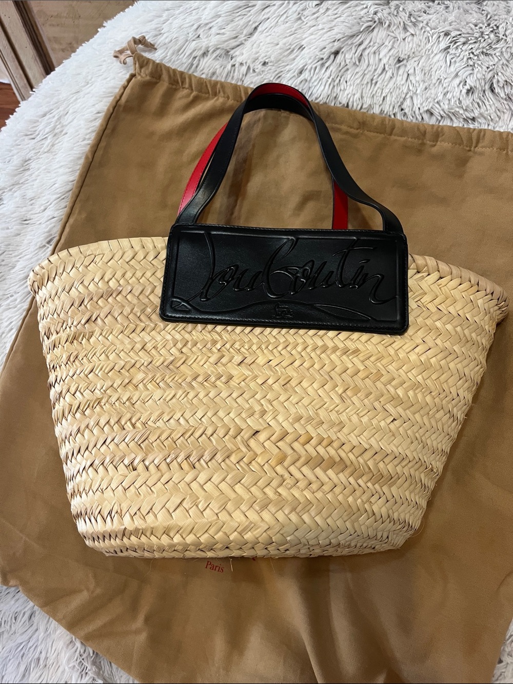 Christian Louboutin Natural Straw Tote with Black Trim and Red Strap Accents